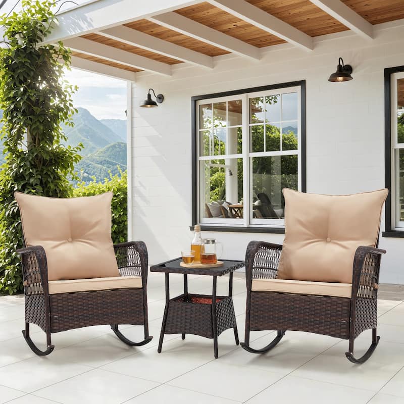 EROMMY 3-Piece Outdoor Rocking/Swivel Chair Set - PE Rattan Patio Furniture with Cushions & Coffee Table, Rocker Chairs - PE Rattan & Rocking - Beige
