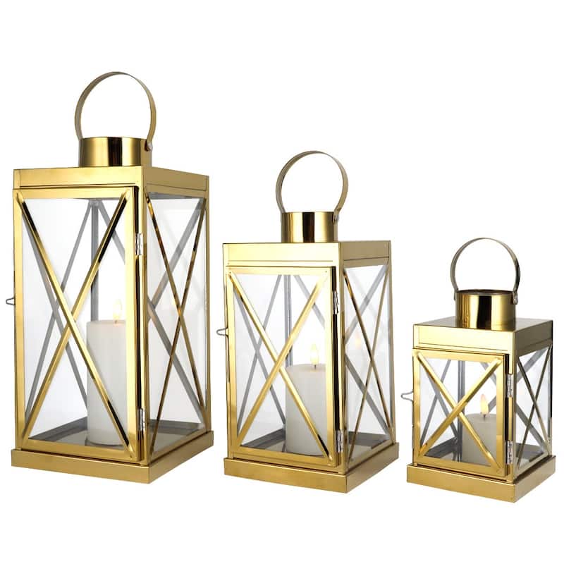 Set of Three Clear And Gold Glass And Stainless Steel Floor Lantern Candle Holders