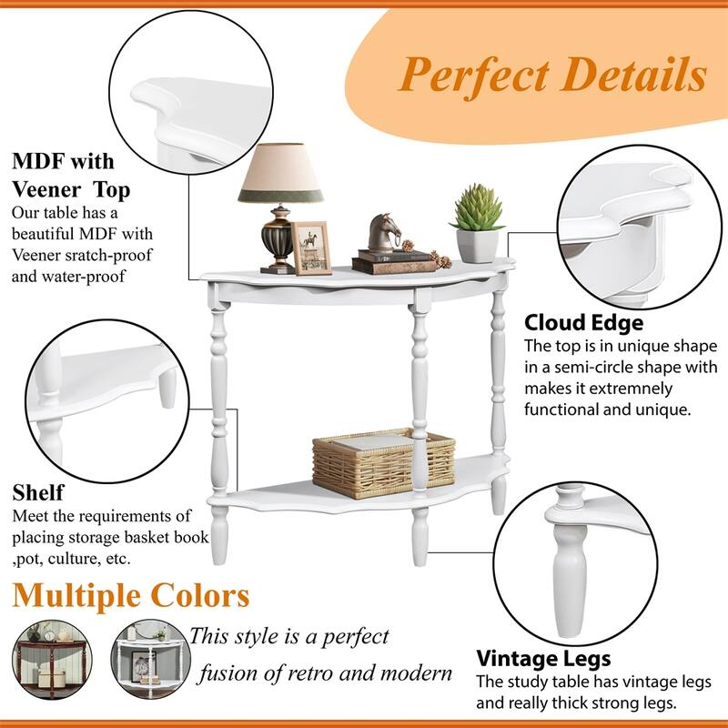 42" Wood Circular Curved Console Table with Open Shelf and Legs