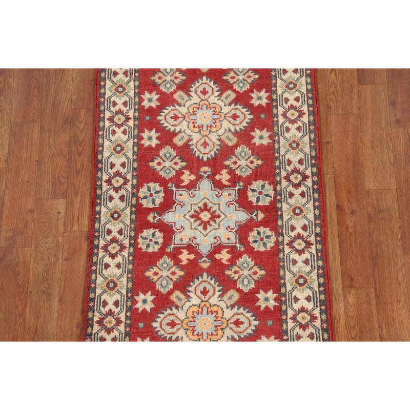 Geometric Red Kazak Runner Rug Hand-Knotted Wool Carpet - 2'1" x 6'0"