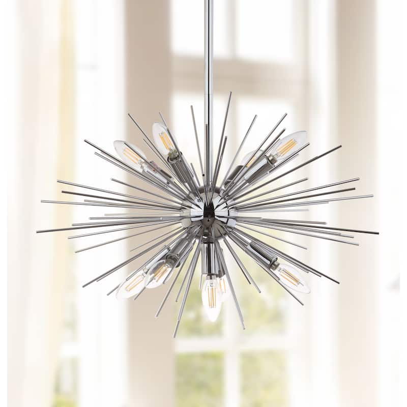 SAFAVIEH Lighting Annechien Silver Sunburst 9-Light Led Adjustable Pendant - 23.5" W x 23.5" D x 17-47" H - 24Wx24Dx47H