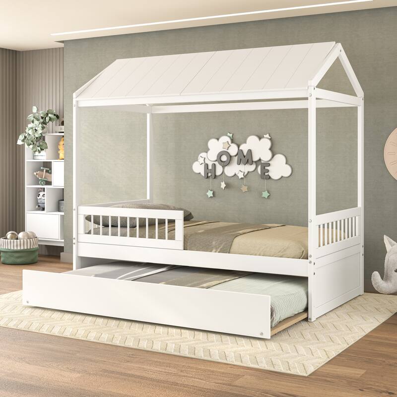 Polifurniture Nyce Twin Size Bed with Roof, Guard Rail and Trundle - White - Twin