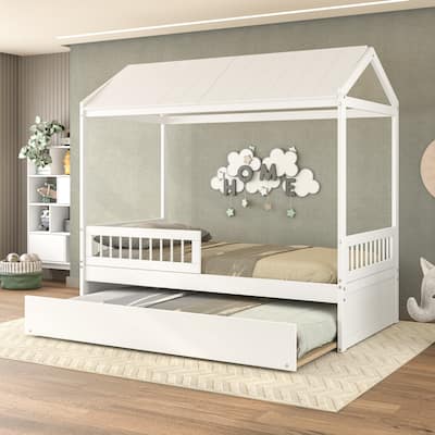 Polifurniture Nyce Twin Size Bed with Roof, Guard Rail and Trundle