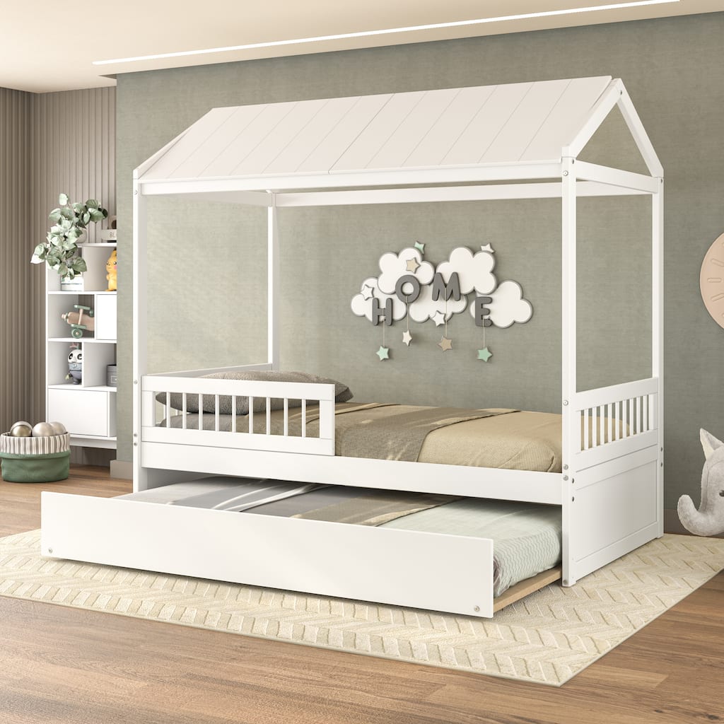 Polifurniture Nyce Twin Size Bed with Roof, Guard Rail and Trundle