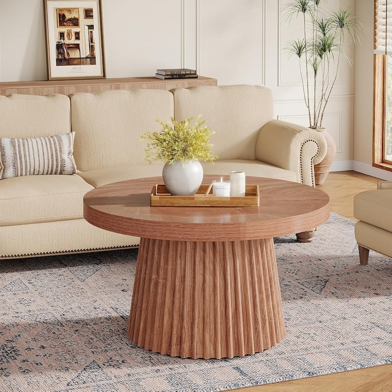31.5" Round Modern Coffee Table Center Table with Fluted Drum Base - 31.5"W x 31.5"D x 17.7"H