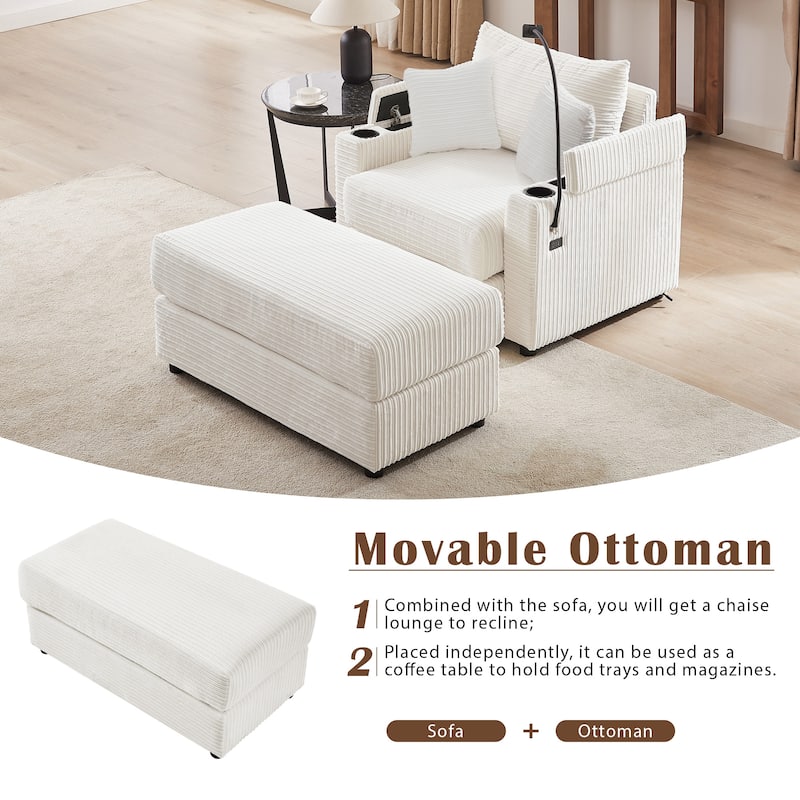 41.7" Modern Single Sofa with Storage, Ottoman, USB Ports, Cup Holders, Phone Holder, Beige Corduroy