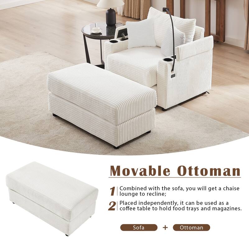 Modern Single Sofa with Movable Ottoman, Hidden Storage, USB Ports, Cup Holders and Phone Holder for Living Room