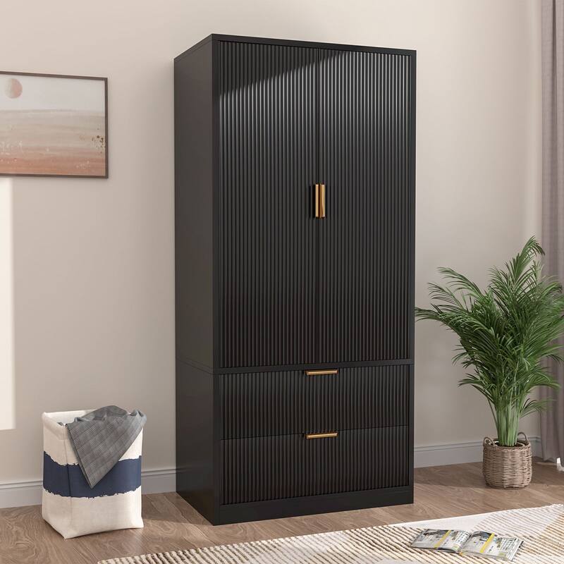 Gymojoy 2 Door Armoire Wardrobe Closet with Drawers, Modern Fluted Bedroom Storage Cabinet