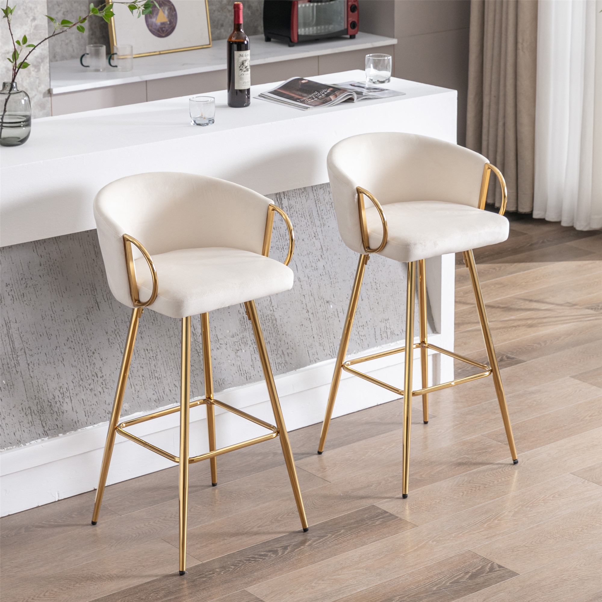 39.37 Inch High Velvet Bar Stools With Golden legs Set of 2 N