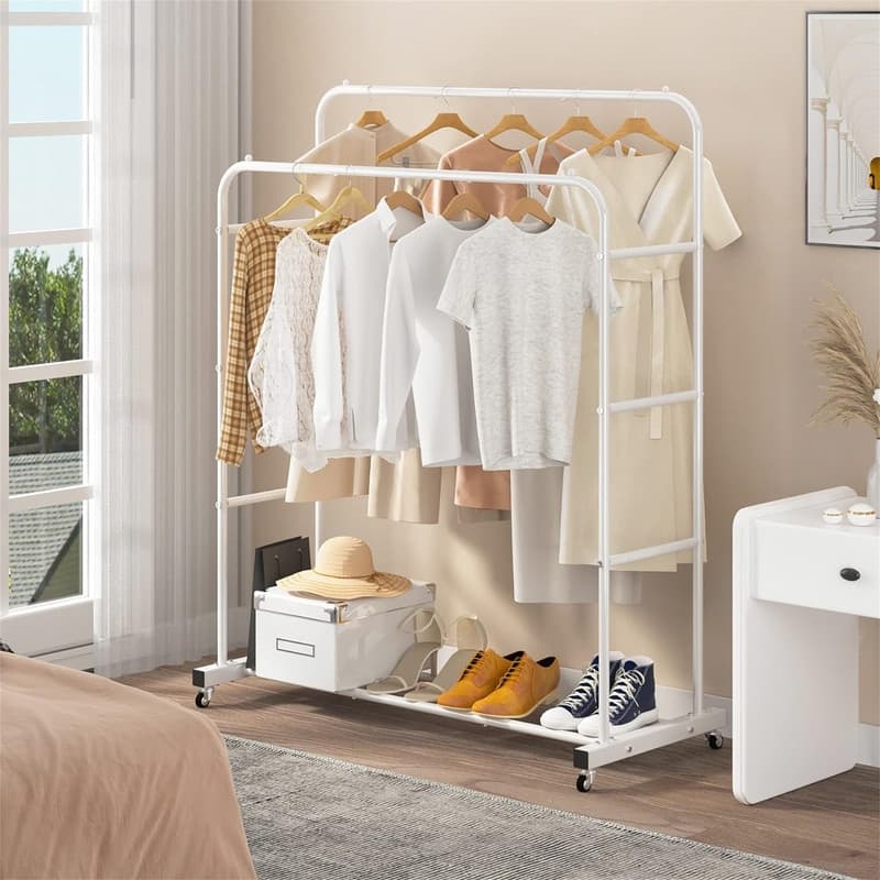 Double Rods Clothing Rack with Wheels - 17.32"D x 44.09"W x 52.36"H