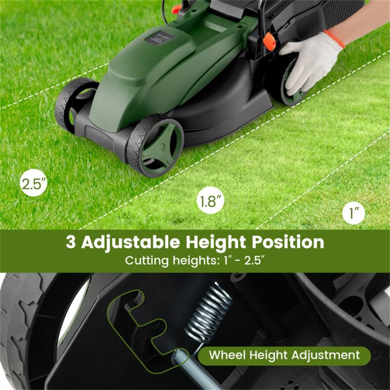 10-AMP Electric Lawn Mower with 13" Cutting Width, Adjustable Heights & 25L Grass Collection Box - 45" x 16" x 35"