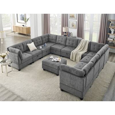 Chenille U-Shaped Modular Sectional Sofa with Bonus Storage - 12 Pieces, Easy Assembly