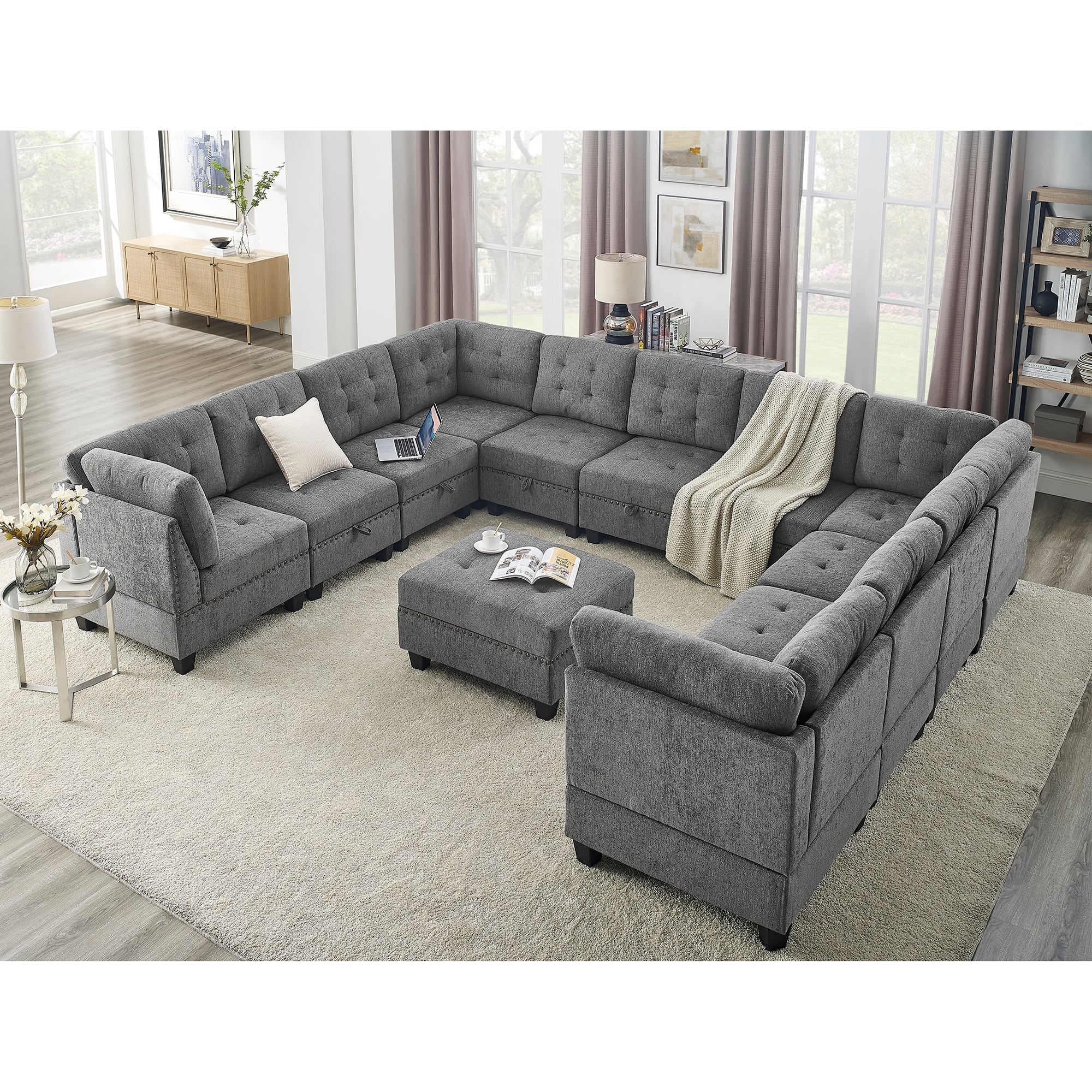 Grey Chenille 12Piece UShaped Modular Sectional Sofa with Bonus