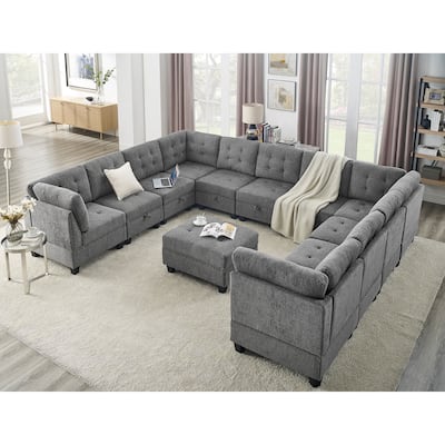U shape Sectional Sofa, Modular Chenille Sofa Living Room Storage Couch, Seven Single Chair, Four Corner and One Ottoman