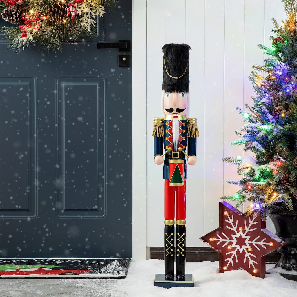 Glitzhome 36-inch Wooden Christmas Drummer Nutcracker with Felt Top Hat Xmas Porch Figurine Decor
