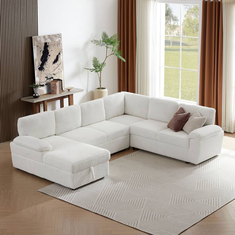 Oversized Modular Storage Corduroy Sectional Sofa Couch, White, Convertible Sleeper Sofabed