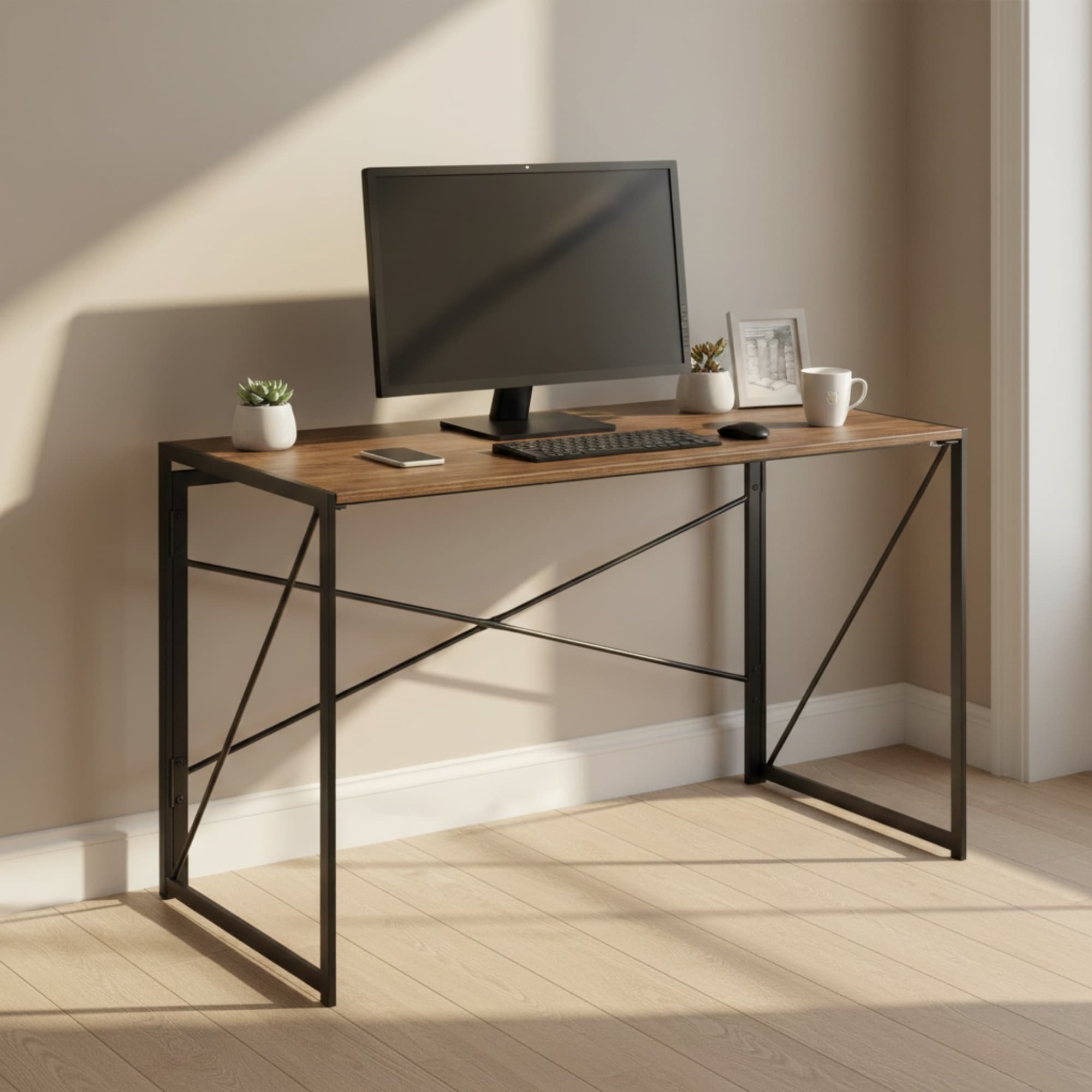 Homylin Folding Writing Desk with Metal Frame, Space-Saving Computer Table, No Assembly Required