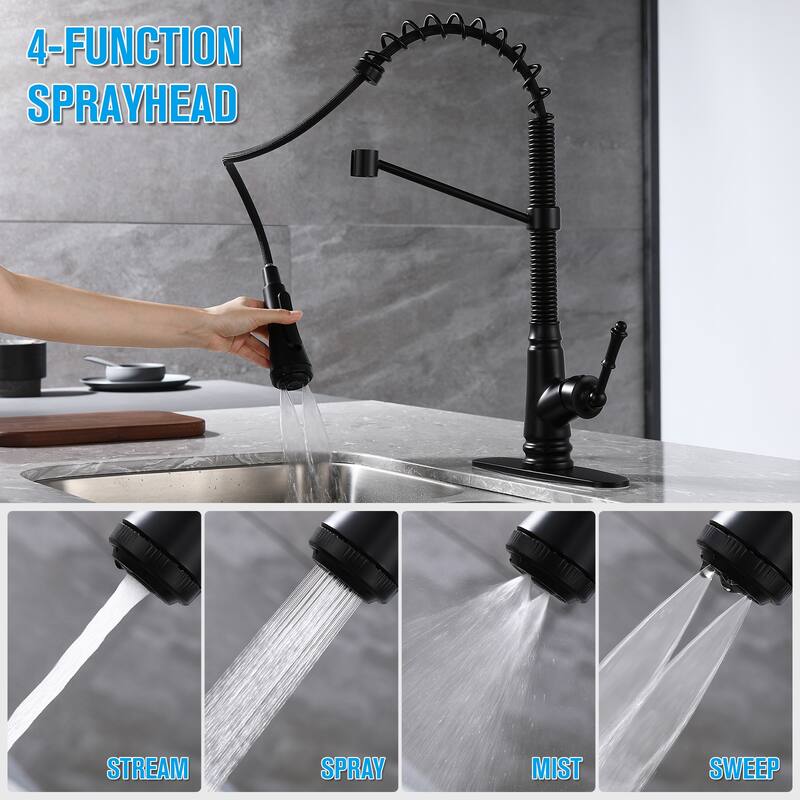 Single Handle Pull Down Kitchen Faucet with Deck Plate Matte Black - Black