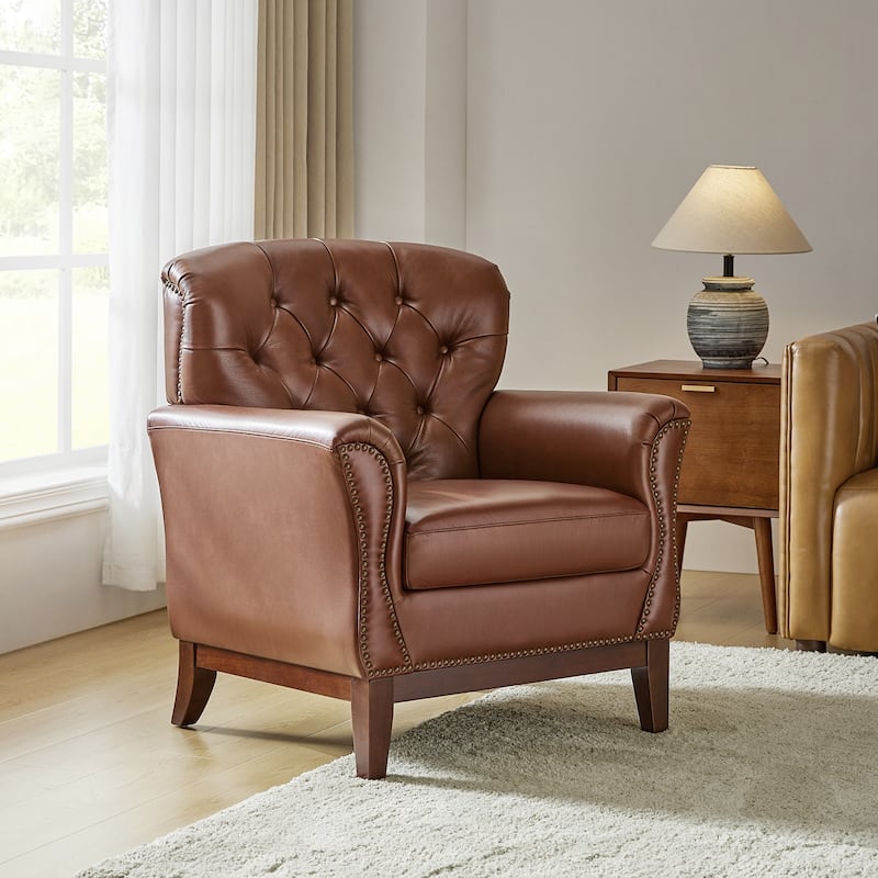 Burt Traditional Genuine Leather Accent Chair with Tufted Wing Back by HULALA HOME