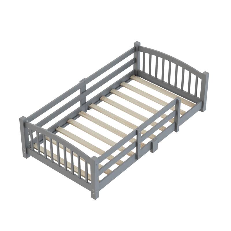 Montessori Floor Bed with Fence - Full/Twin Solid Wood, Slats & Safety Guardrails, Easy Assemble
