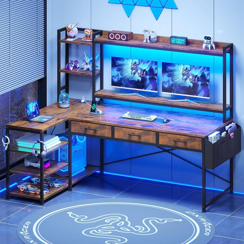 55" L Shaped Gaming Desk Corner Computer Desk Fabric Drawers