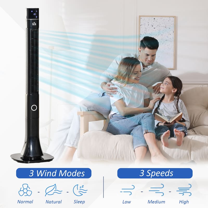 HOMCOM Tower Fan Cooling for Bedroom with 3 Speed, 12h Timer, Oscillating, LED Display, Remote Controller, Black