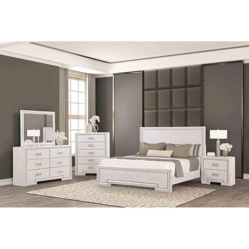 Rustic White Finish Bedroom Furniture Set Bed Dresser Mirror Chest USB-Nightstand