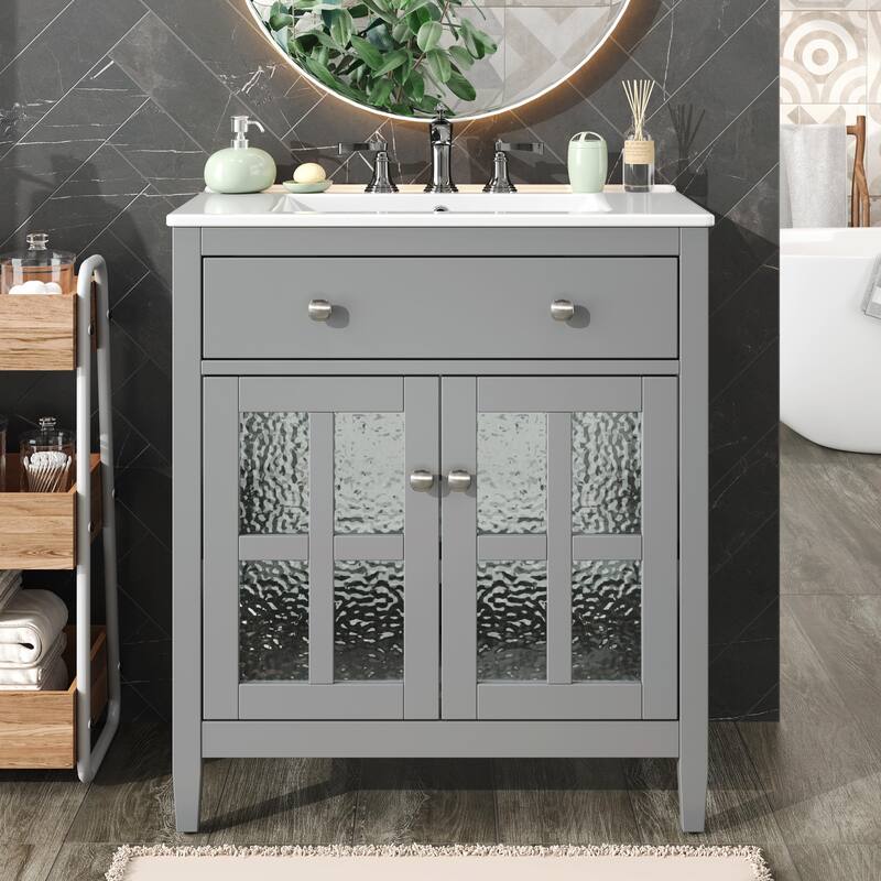 30" Bathroom Vanity with Ceramic Sink, Equipped with Adjustable Shelf and Tip-Out Tray - Grey