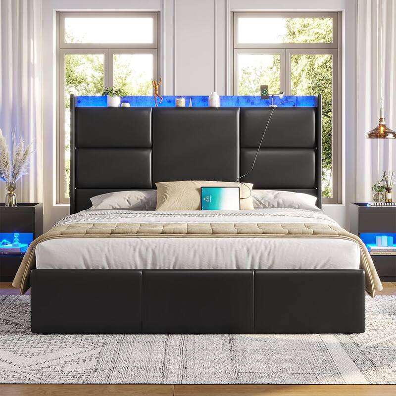 Bed Frame with Tall Stroage Headboard Platform Bed Frame
