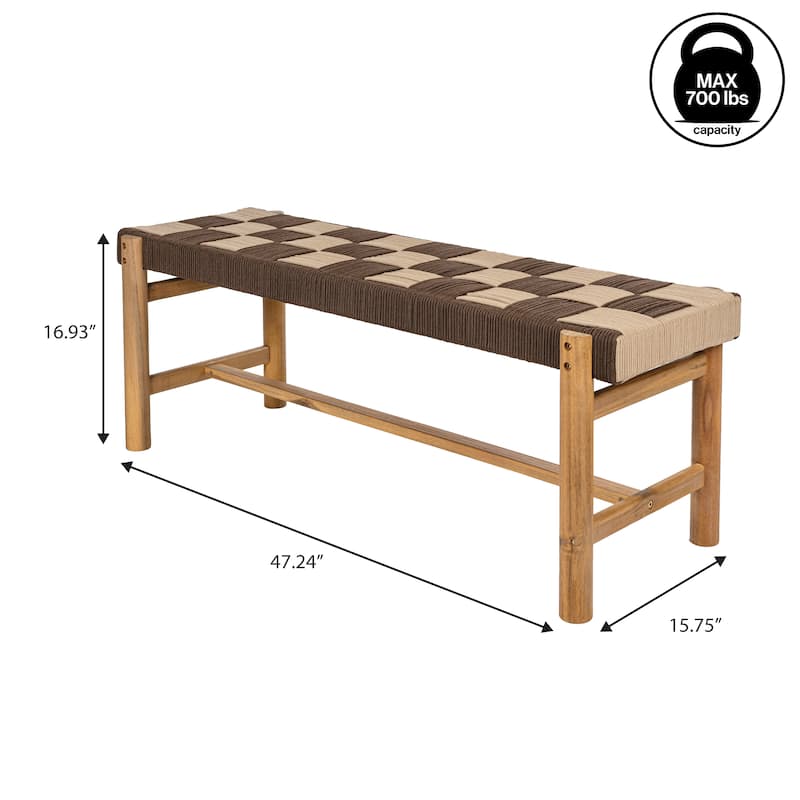 48" 2-Seat Outdoor Acacia Bench, Backless w/ Woven Rope Seat, 700-lb Support