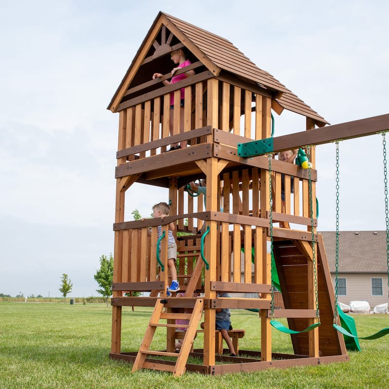Backyard Discovery Highlander Cedar Wood Swing Set, 3-Story Clubhouse - 15'5" x 15'6"