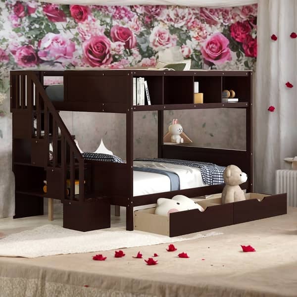slide 2 of 14, Modern Multi-function Twin over Full Bunk Bed With Shelfs,Storage Staircase and 2 Drawers,Sturdy Frame for Kids Espresso
