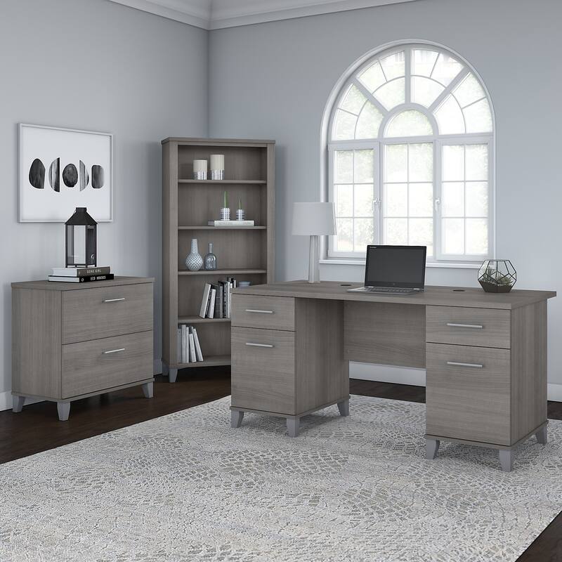 Somerset 60W Office Desk with Cabinet and 5 Shelf Bookcase - Platinum Gray