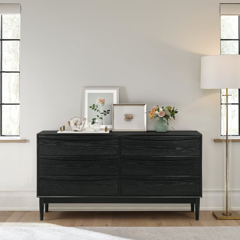 Artemio Mid-Century Black or Walnut Wood 6 Drawer Double Dresser - Black