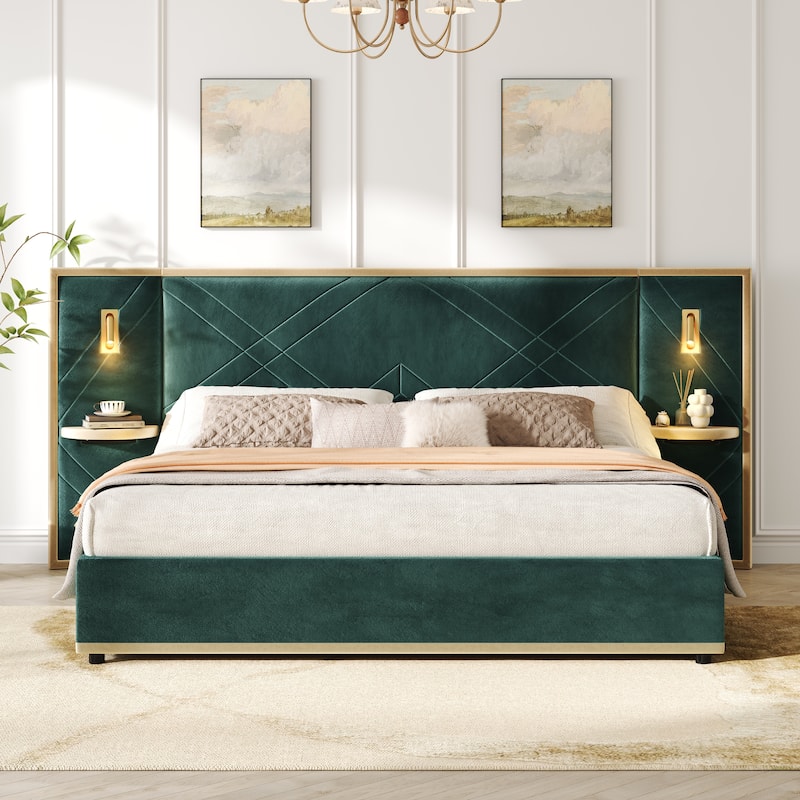 Christopher Knight Home - Voss Velvet Upholstered Bed with 2 Built-in LED Lights and 2 Storage Side Panels