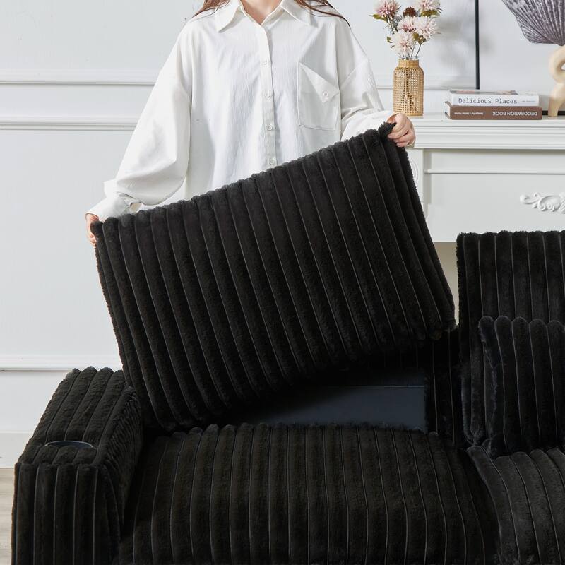 Modern 126-inch Corduroy Sofa with 4 Cushions, Movable Footrest, USB Ports, and Cup Holders