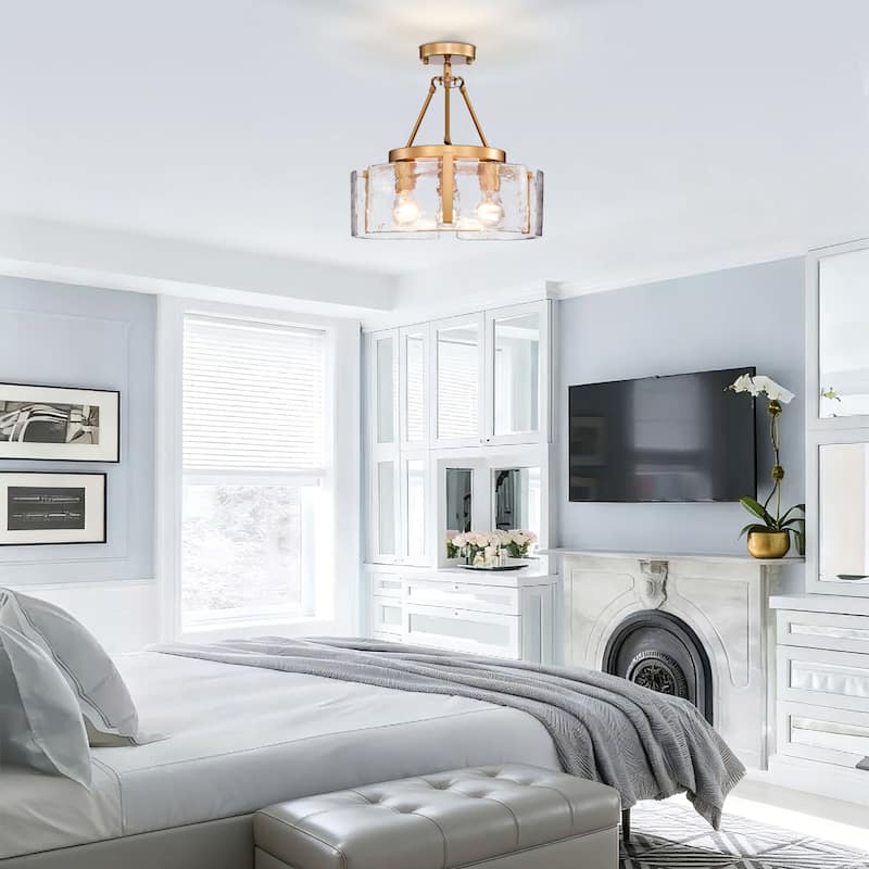 Reina 3-Light Water Textured Glass Panel Drum Semi Flush Mount