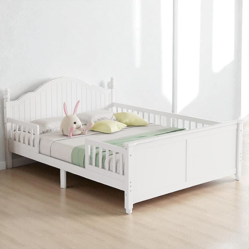 Twin/Full Size Wooden Kids Bed with Headboard, Footboard, Guardrails and Storage, Platform Bed Frame - White - Full