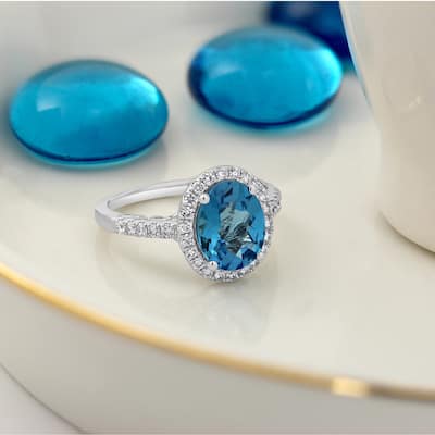 Auriya 3carat Oval Swiss Blue Topaz and Halo Diamond Engagement Ring 3/8ctw 14k Gold