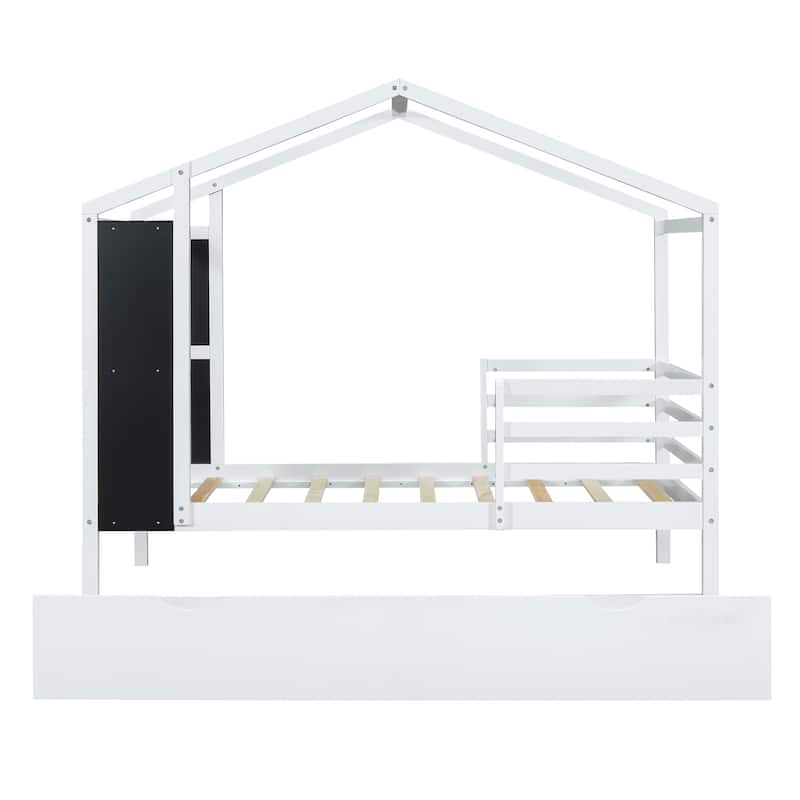 Wood House Bed with Fence and Writing Board