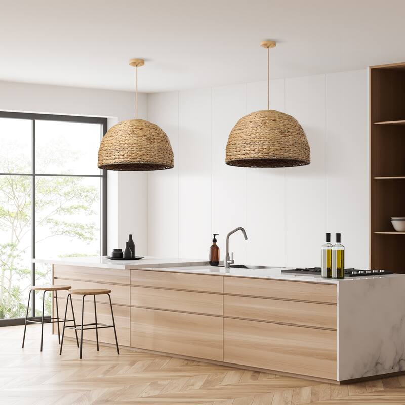 Althea Rattan Pendant Light - Natural Large Dome 1-Light Handwoven Hanging Light For Modern, Transitional, Farmhouse Room Decor