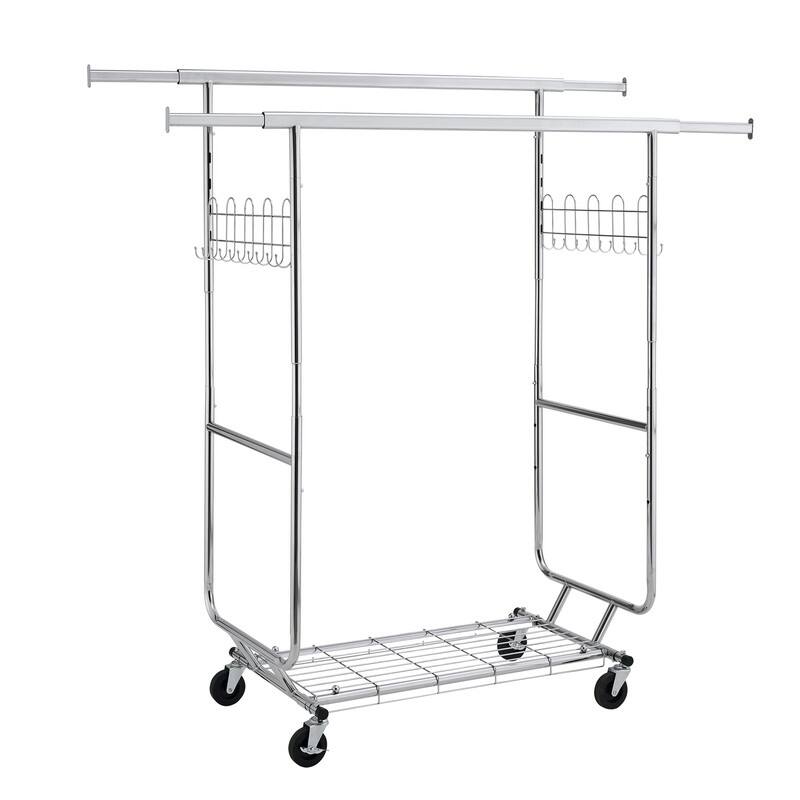 Mieres Double Clothing Rack, Collapsible Clothing Rack Max Capacity 800lbs, Industrial Rolling Rack with Bottom Shelf - L-Silver