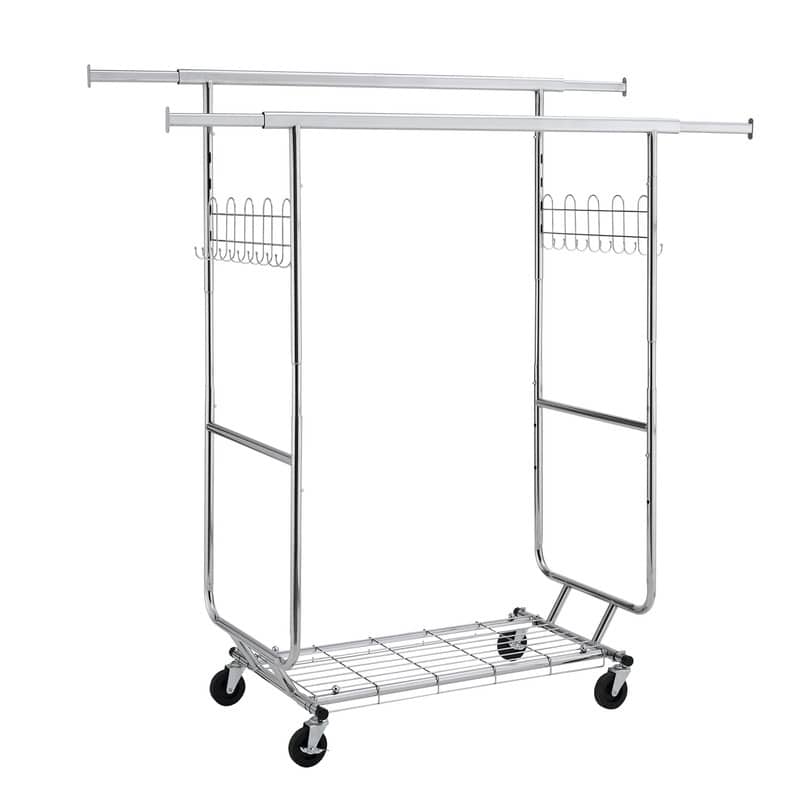 Mieres Double Clothing Rack, Collapsible Clothing Rack Max Capacity 800lbs, Industrial Rolling Rack with Bottom Shelf