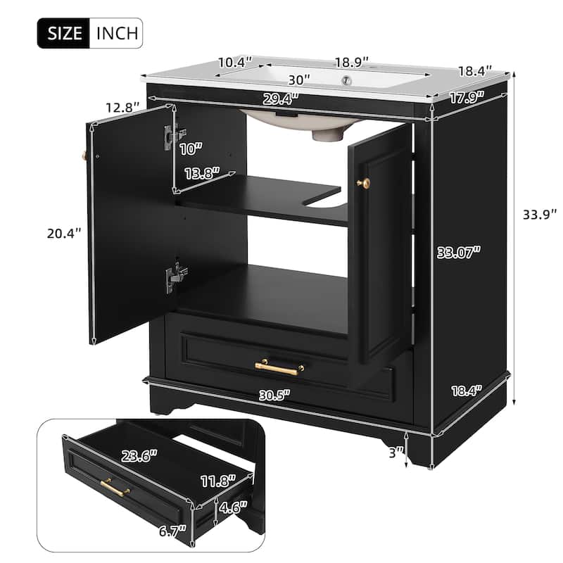 30" Bathroom Vanity with Ceramic Sink, Solid Wood Frame, 2 Soft-Close Doors, Storage Cabinet with Shelf