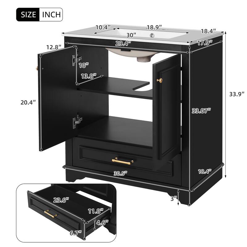 Luxurious 30" Bathroom Vanity with Ceramic Sink, 2 Soft Closing Doors & Solid Wood Frame Storage Cabinet
