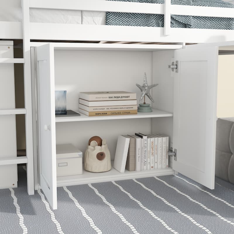 Twin Low Loft Bed Frame Storage Bed with All-in-one Cabinet Shelf Bookcase, Drawers, Guardrail, Ladder Retractable Writing Desk