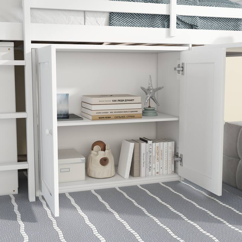 Wooden Low Loft Bed Frame, Versatile Storage Loft Bed with Shelves, Cabinet and Drawers, Rubber Wood Loftbed with Pull Out Desk