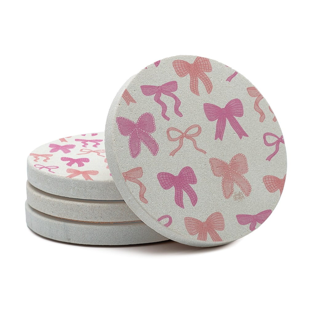 Cute Coquette 4 Pack Round Natural Sandstone Coasters with Protective Cork Backing Manufactured in The USA