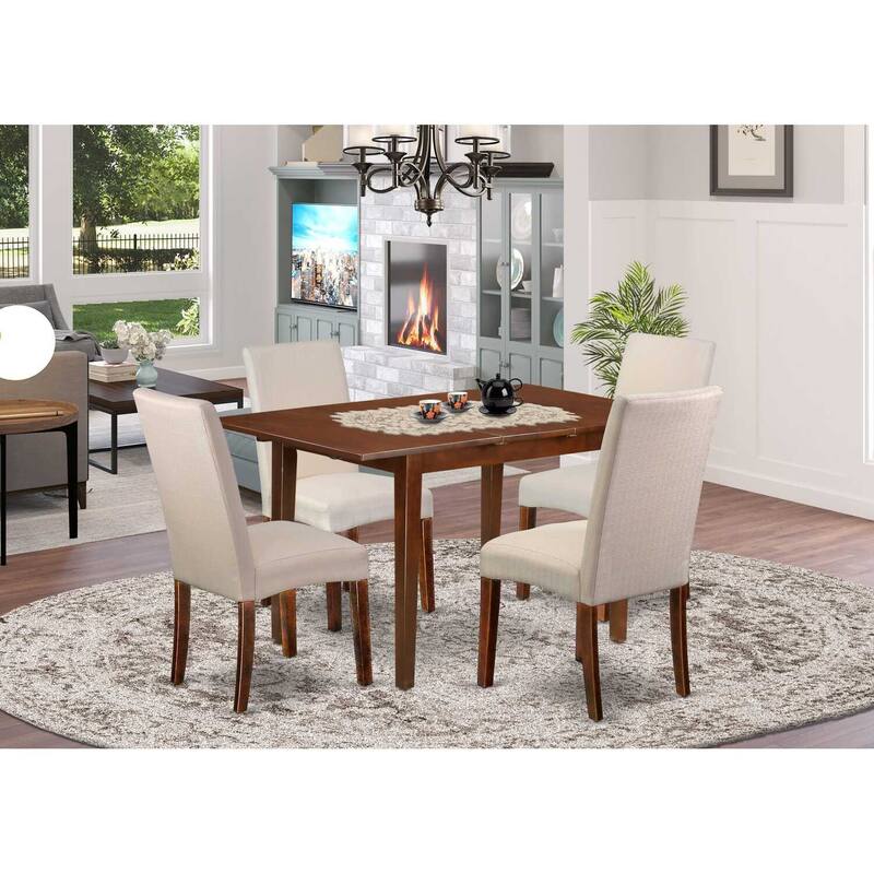 Rectangle Kitchen Table Set 5pc - 48/60" Table w/ Butterfly Leaf & 4 Chairs - Linen Fabric Cream