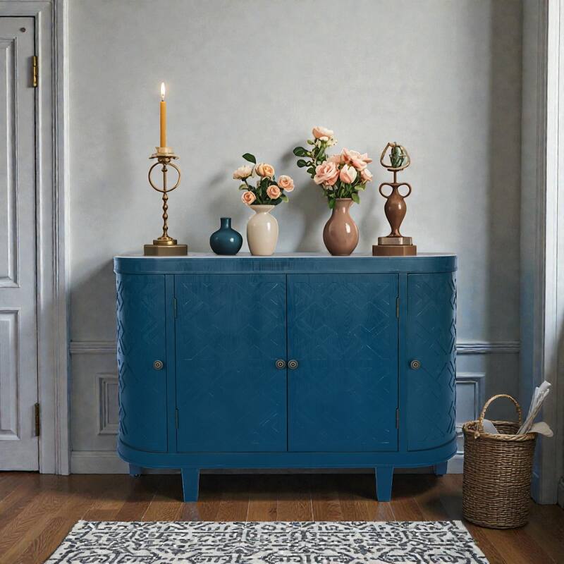 47'' Oval Fluted Accent Storage Cabinet with 4 Doors, Sliding Door Sideboard Buffet Credenza for Living Room and Kitchen - Antique Blue Green